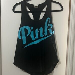PINK Victoria's Secret Black Racerback Tank Top with Blue Logo Medium